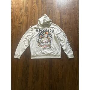 Ed Hardy Cream Eagle Skull Tattoo Graphic Hoodie Size Large